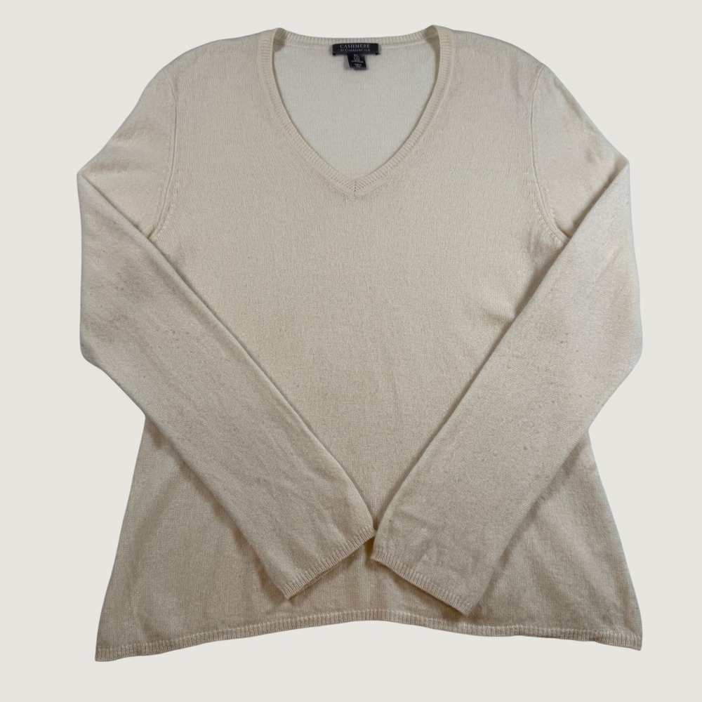 Charter Club Cashmere Sweater Womens XL Cream V-Neck 2-Ply 100% Cashmere Knit